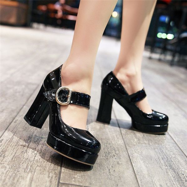 

ymechic 2020 women pu patent leather pumps chunky high heels buckle mary janes ladies casual office party shoes plus size 34-47, Black