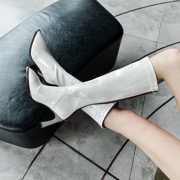 

2020 new woman patent leather long boots knee high boots square metal heel high heeled pointy elasticity thin wool, Black