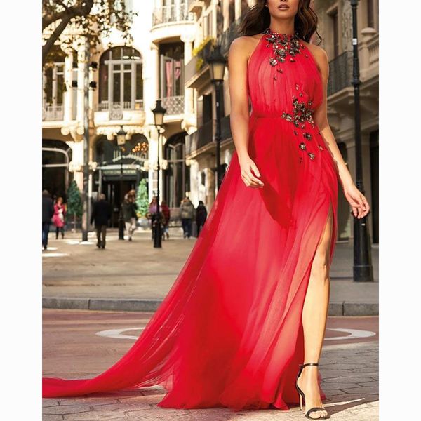 Elegantes, wunderschönes rotes formelles Abendkleid mit Neckholder, A-Linie, seitlicher Schlitz, Abschlussball, Party, Verlobungskleidung
