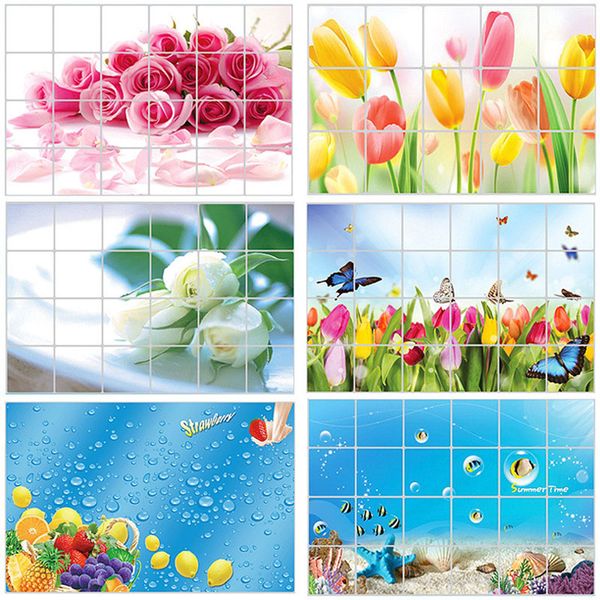 

90x60 kitchen aluminum foil wall stickers for smoke exhaust cabinet stove tiles tulip cartoon waterproof sticker home decoration
