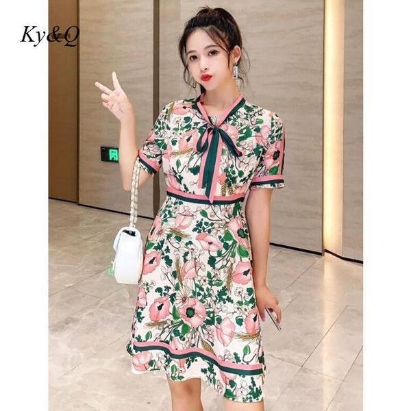 

runway design 2020 summer striped patchwork print vintage bow elegant short sleeve high waist print dress party clothes, Black;gray