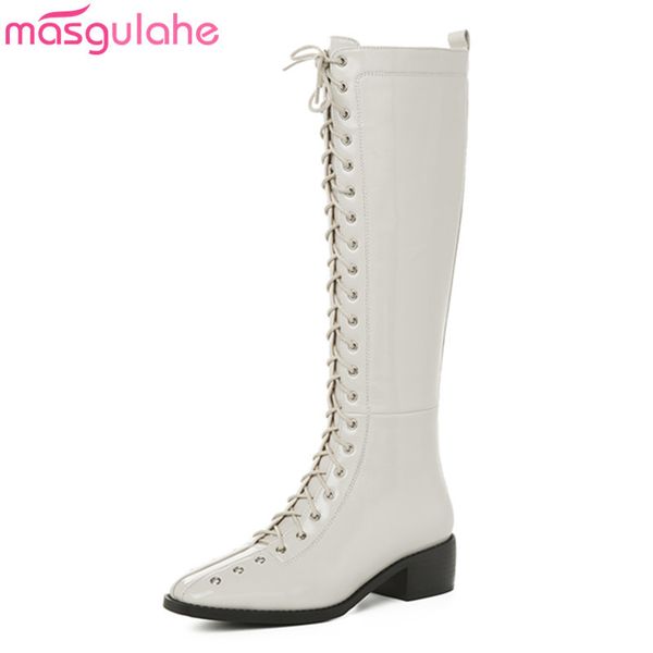 

masgulahe 2020 new genuine leather lace up women boots low heel square toe black white winter knee high boots