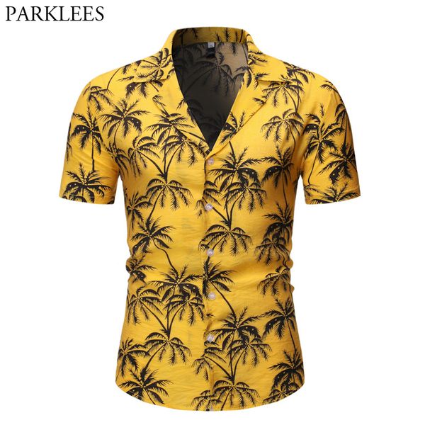 

plam tree print hawaiian aloha shirts 2020 summer fashion short sleeve yellow beach shirts mens casual party holiday chemise 2xl, White;black