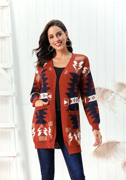 

patchwork color cardigan ladies sweaters casual loose female tees with pockets winter long womens knits christmas printed, White