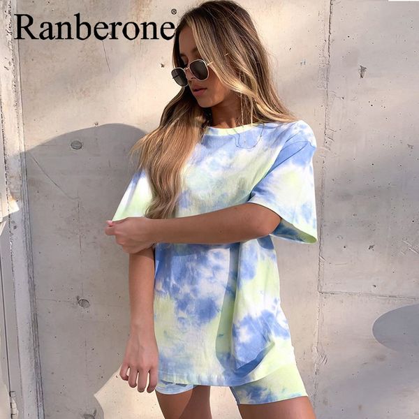 

ranberone 2020 two piece set women tracksuit fashion and workout shorts tie dye outfits sportswear matching yoga set clothes, White;red