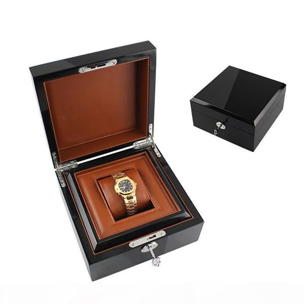 

watch box wood without logo metal lock paint brand watch gift box with pu pillow watch boxes & cases, Black;blue