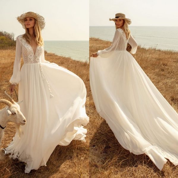 

fashion lace bohemian wedding dresses deep v neck a line long sleeves bridal gowns sweep train chiffon robe de mariÃ©e, White
