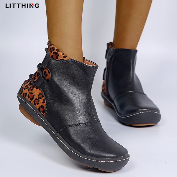 

boots litthing women's shoes autumn ankle fashion pu leather side zipper ladies botas leopard print female flat women footwear, Black