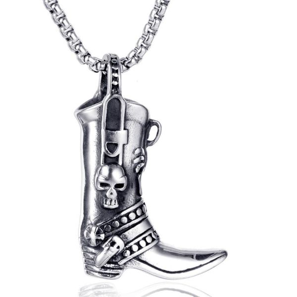 

stainless steel vintage combat boots skull shoes pendant necklace jewelry for men punk rock jewellery gift, Silver