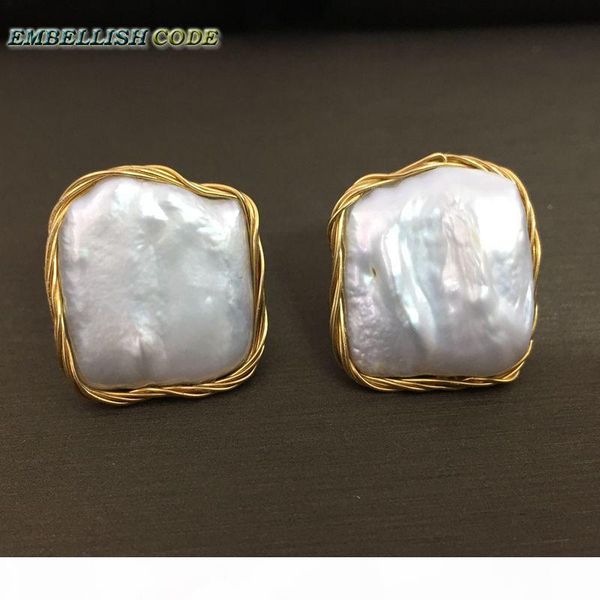 

2018 new style design hand made winding elegant baroque pearl golden color flat block square real natural pearls stud earrings, Golden;silver