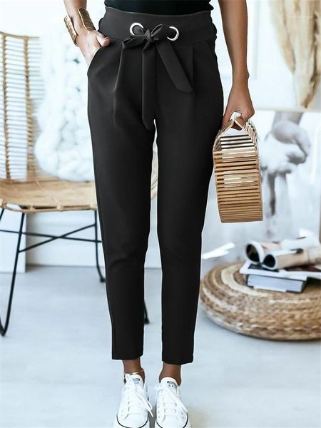 

women pants high waist designer women pants solid color ol bow sashes loose casual pencil pants spring summer fashion, Black;white