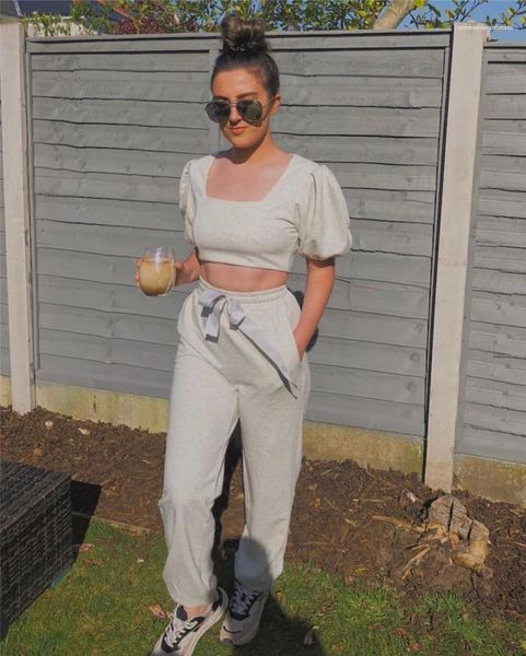 

sleeve sweatpants sets casual crop lace up two piece pants fashion women 2 piece sets solid square neck puff, White