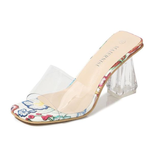 

dress shoes summer ladies pvc transparent pumps women square heels flower print high sandals sweet office party female, Black