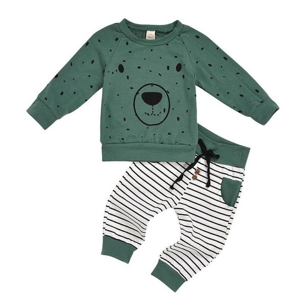 

children boys long sleeve bear sweatshirt cartoon pants set green, Gray