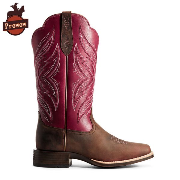 

prowow women western cowboy boots genuine leather handmade pink skin patchwork suture motorcycle ladies cowboy boots, Black