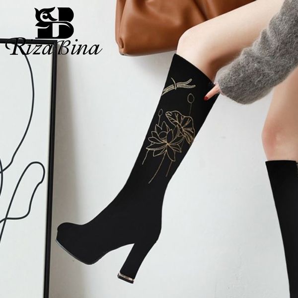 

rizabina new fashion women knee high boots round toe thick heel zipper platform pattern flock shoes ladies footwear size 33-43, Black