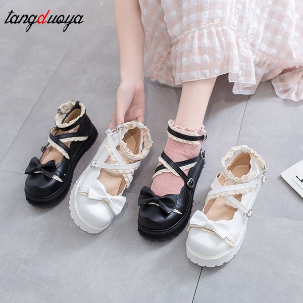 

sweet shoes women 2020 lolita shoes bow red white autumn singles japanese cute round head soft girl loli mary jane, Black