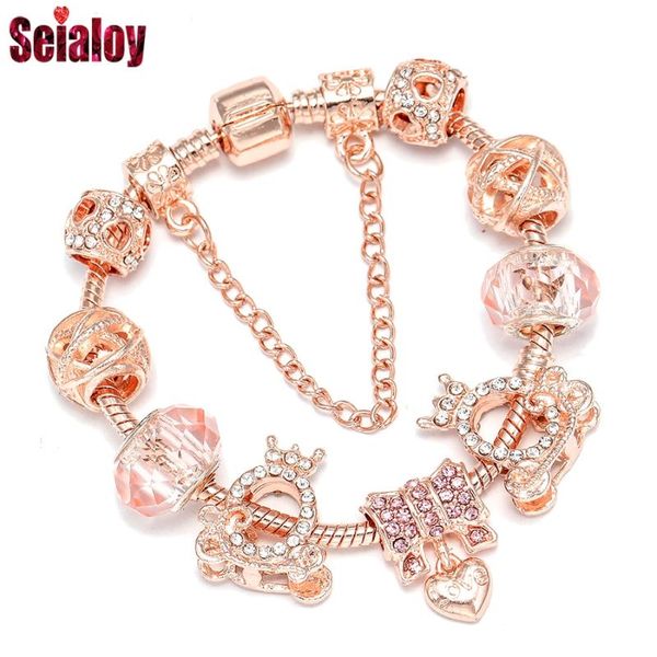 

seialoy fashion rose gold crown carriage charm bracelets for women original pink crystal beaded bracelet girls new jewelry gift, Black