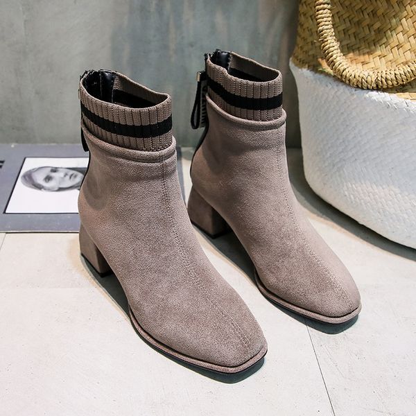 

2020 autumn and winter new women's boots fashion casual work boots woolen mouth back zipper high heel mid-tube women's shoes, Black