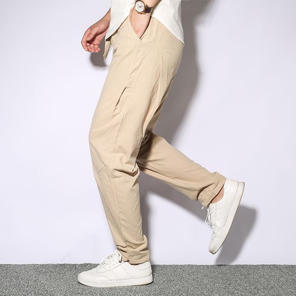 

2020 autumn new men's korean casual trousers cotton and linen loose trousers solid color, Blue