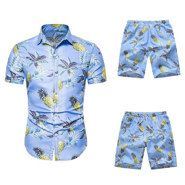 

2pcs summer men casual short sleeve print shirt + shorts shorts pants suit, Gray