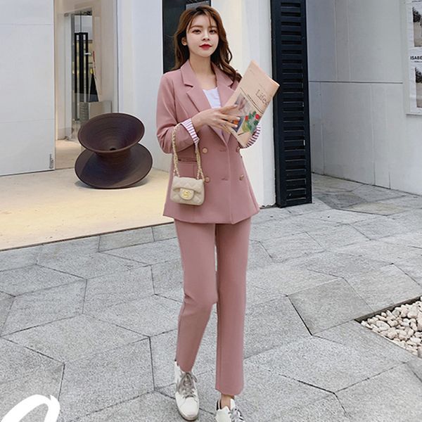 

women's two piece pants fashion spring summer blazer two-piece suits double-breasted coat+pencil pant female slim long suit, White