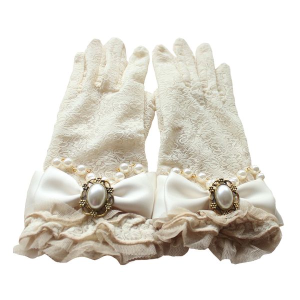 

women lolita lace gloves beige cute bead chain pearl gloves for gifts, Blue;gray