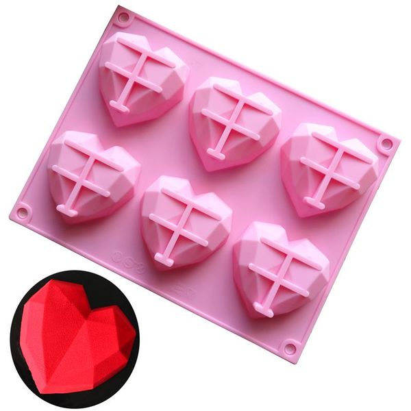 6 molde de cavidade diamante do amor do coração Silicone Bolo decoração ferramentas Amor do bolo do coração do molde Bakeware Form Para Soap Mousse pastelaria Ferramentas