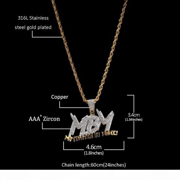 

zircon letter mbm iced out pendant necklace mens jewelry two tone 14k gold plated diamond bling hip hop jewelry gift with 24inch cuban li, Silver