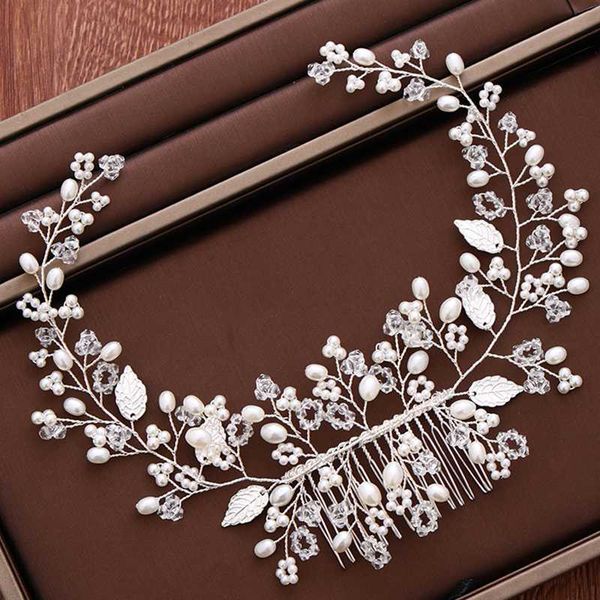 

silver color leaf pearl hair comb bridal hair accessories for women wedding headpiece handmade bridal comb head ornaments, Golden;silver