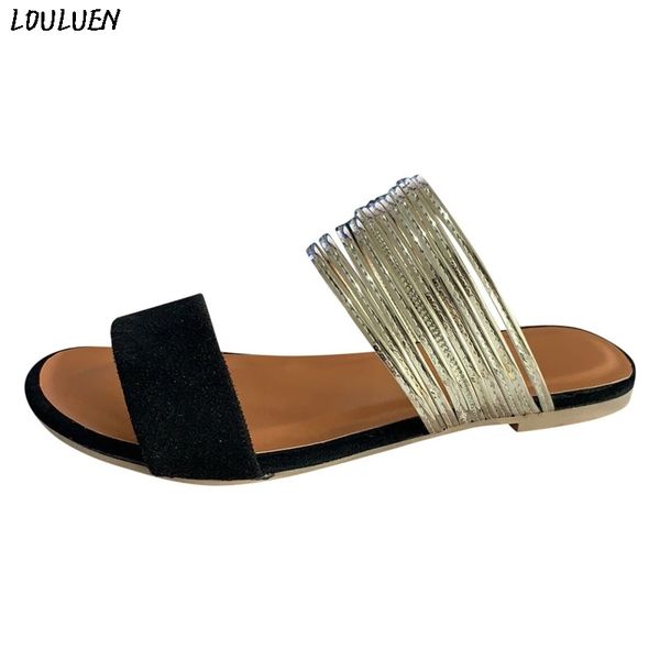 

louluen 2020 sandals womens leisure rome plus size flat one word with peep toe slippers shoes retro roman 35- 43 drop #0709 y200620, Black