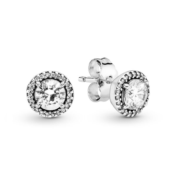 

925 sterling silver women classic elegance round sparkle stud earrings luxury fashion designer clear cz stone earrings with pandora gift box, Golden;silver