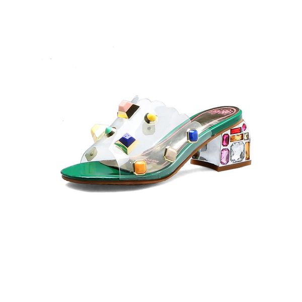 

female's colorful dazzling diamonds slippers with square heels 5cm open toe slides open airs shoes summer wide feet footwear 46, Black