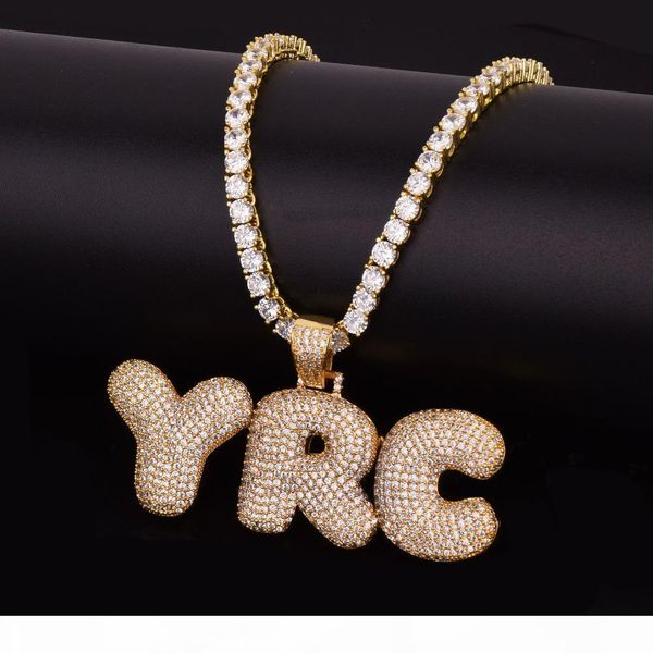 

custom name men's bubble letters pendants necklaces hip hop jewelry ice out cubic zircon gold silver 5mm tennis chain 20