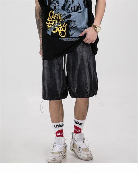 

hip hop style mens designer pants fashion washed bleached pants loose casual knee length pants men clothes, Black