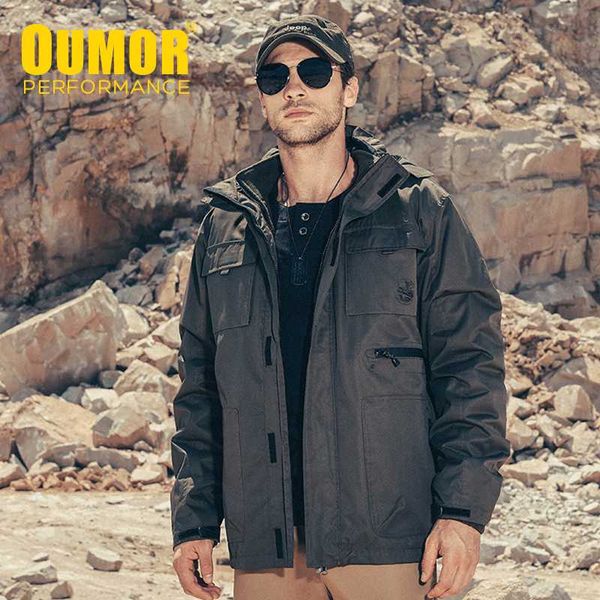 

men's down & parkas oumor men 2021 winter long waterproof warm 2 in 1 jacket cotton army hooded cargo coat, Black