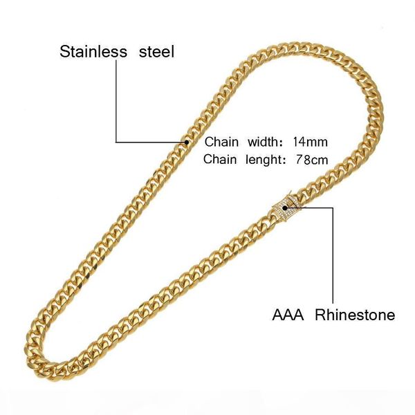 

f 14mm mens cuban miami link necklace stainless steel rhinestone clasp iced out gold silver hip hop chain necklace