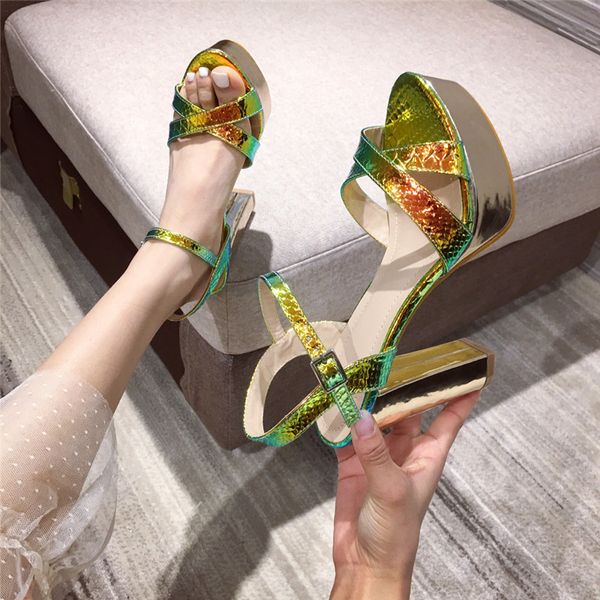 

nightclub women's shoes thick heeled high-heeled sandals summer woman shoes snake pattern bright leather non-slip strong thick b, Black