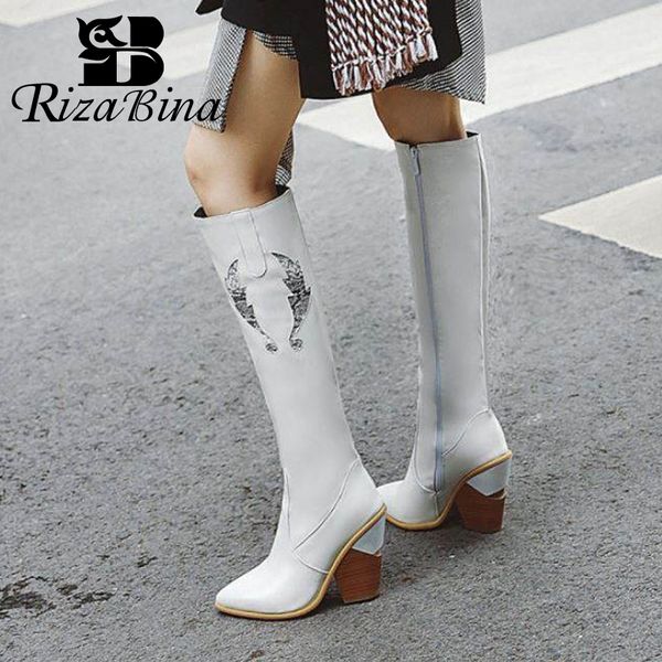 

boots rizabina fashion shoes women knee high pointed toe strange heel pu leather zipper footwear western size 33-46, Black