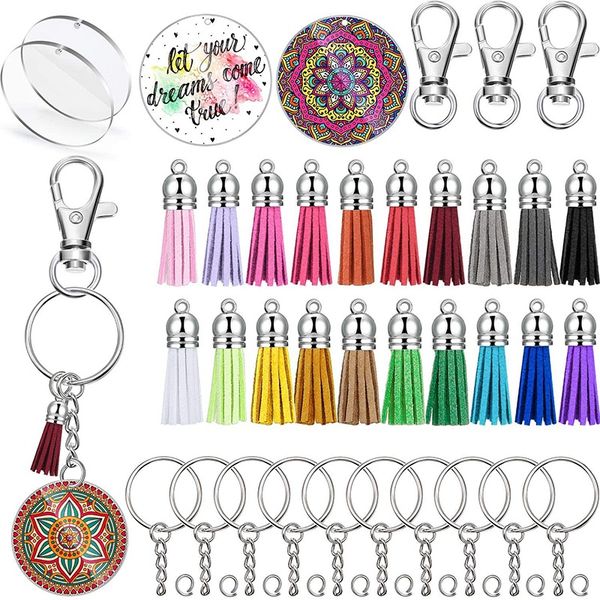 

keychains 100pcs acrylic transparent disc sets, including 20 circular keychain blanks, leather tassel pendants, Silver