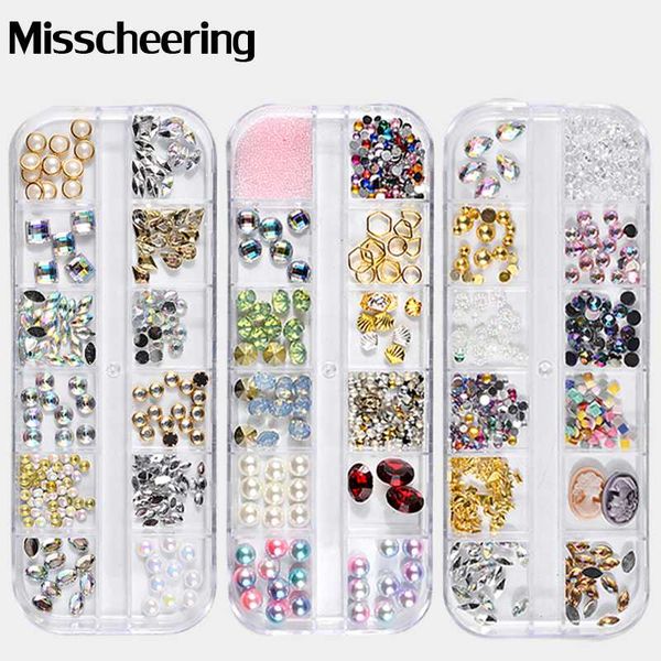 

12 girds mixed crystal rhinestones glass caviar gradient pearls metal rivets colorful sequins for uv gel 3d nail art decorations, Silver;gold