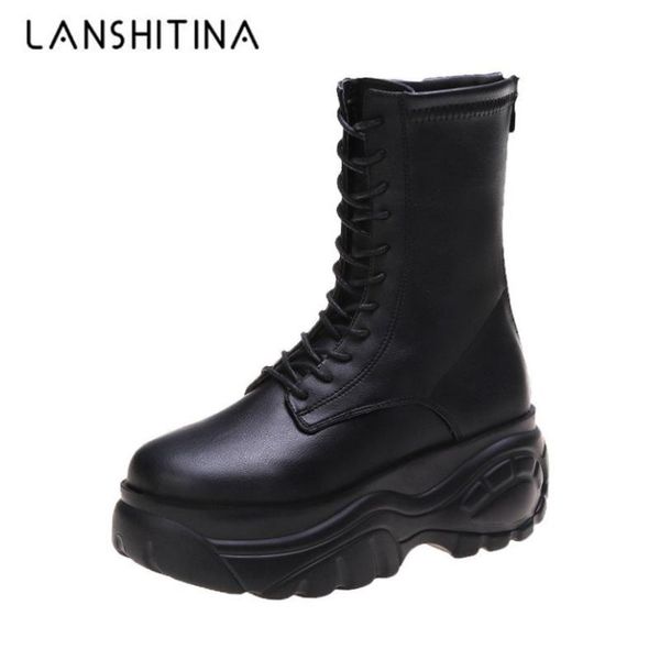 

2020 fashion ankle boots women high chunky shoes ladies black leather ins ulzzang round toe boots woman lacing platform boot