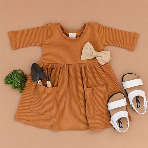 

clothing sets princess kids baby girls a-line dress autumn winter knitted solid long sleeve ruffle pocket tutu holiday party clothes, White