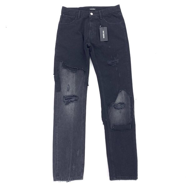 

RAF SIMMONS Ripped Spliced Jeans Men Women Couple Fashion Loose Trousers Casual Steat Pants Jean Printed Hide Leather Card Black HFHLKZ033