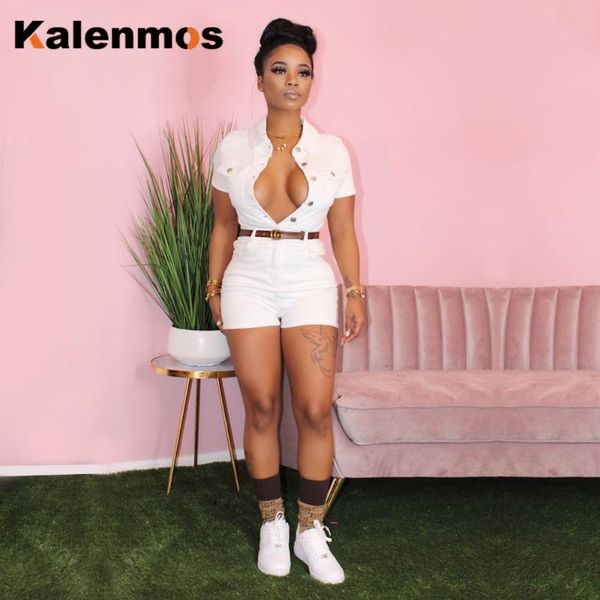 

kalenmos skinny playsuit for lapel summer leisure jean short jumpsuit elegant bodysuit women overalls outfits overall, Black;white