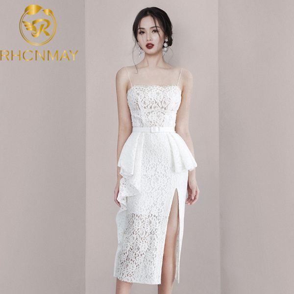 

runway dress 2020 summer women ruffles hollow out flower lace spaghetti strap ladies sleeveless strapless split party dress, Black;gray