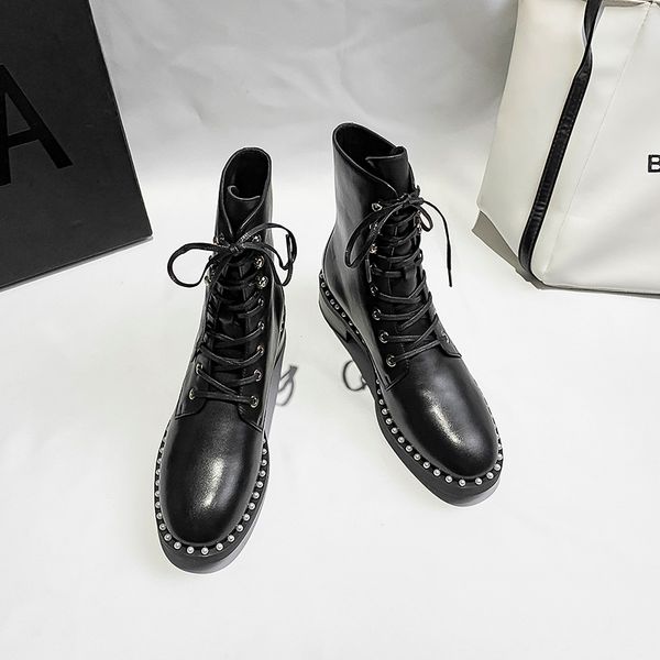 

women winter ankle boots pearl combat boots beading thigh high lace up heels shoes woman leather booties designer botas mujer, Black