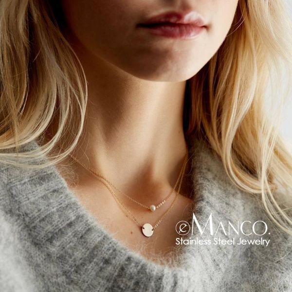 

e-manco dainty mulheres colar multi colar camada gargantilha da cor do ouro de aço inoxidável pingentes para as mulheres, Silver