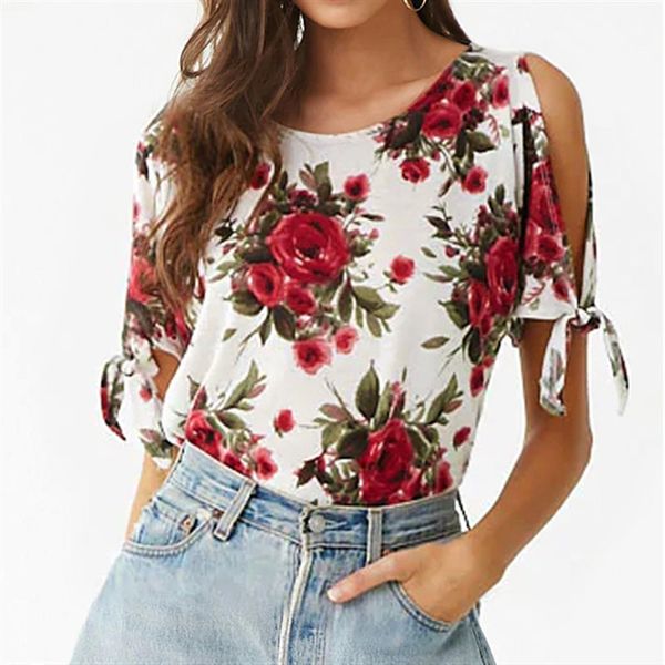 

women's blouses & shirts off shoulder 2021 leisure summer women short sleeve floral print blouse casual loose o neck cold ladies shirt, White