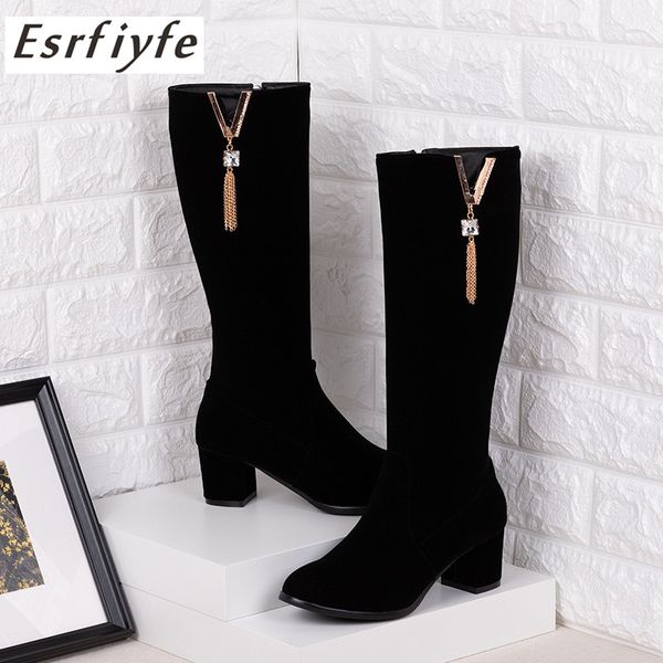 

esrfiyfe 2020 new women knee high boots flock fashion boots winter footwear shoes side zipper chunky heels metal decoration boot, Black